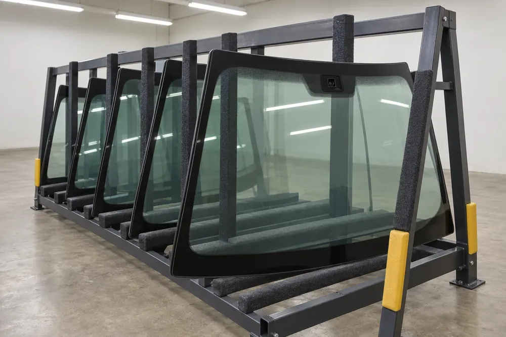 New windshields on a warehouse rack, with a sensor bracket visible on one pane.