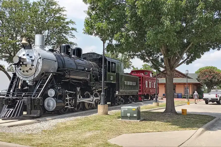 Steam locomotive on display outside the Allen Heritage Center in Allen, Texas