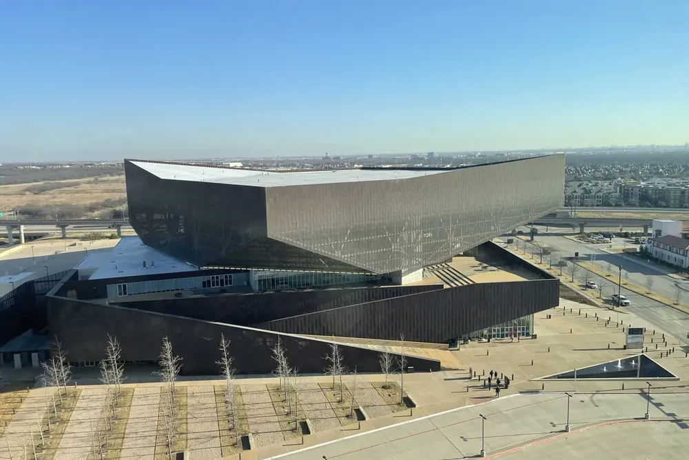 Irving Convention Center building seen from above with a paved plaza in Irving, Texas